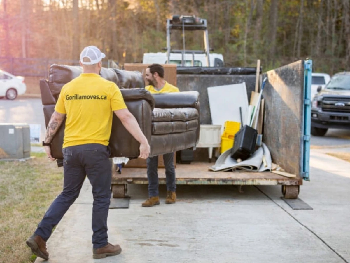 Gorilla Moves crew hauling a sofa into a junk removal bin during a Fraser Valley home cleanout